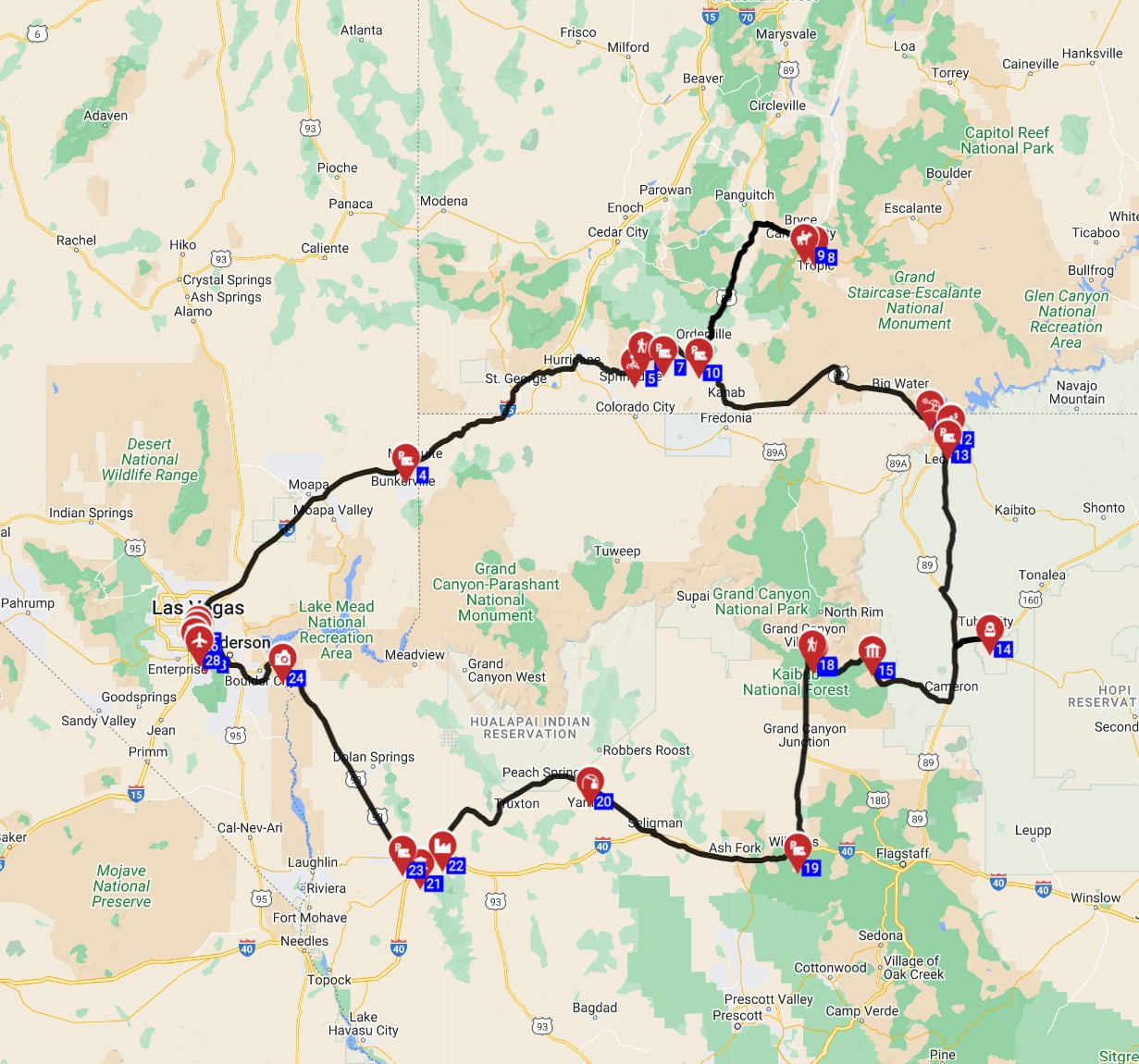 Map for Las Vegas Round Trip - Canyon Colors A Southwest Road Trip
